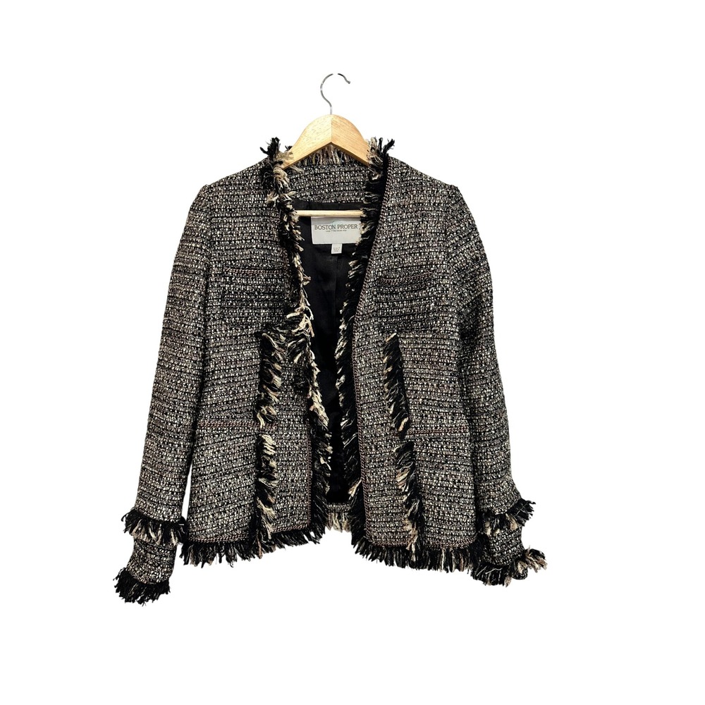 Boston Proper Black Cream Tweed‎ Fringe Trim Open Front Jacket Blazer Size 6